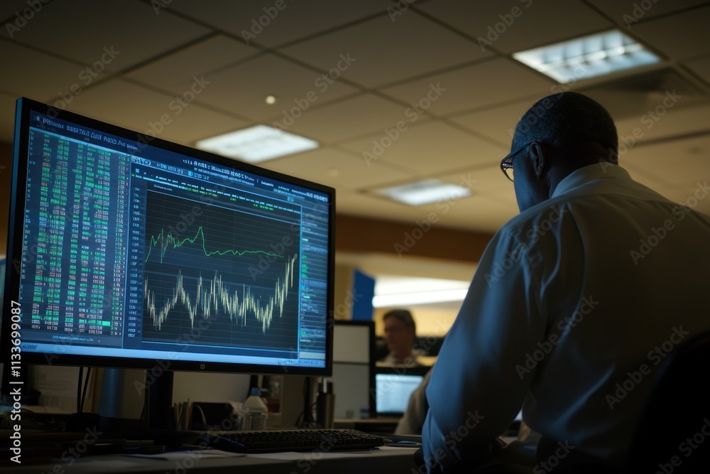 Leinwandbilder man analyzing stock market data on large computer screen in dimly lit office.