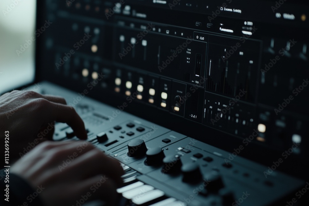 Poster Close-up of hands playing a synthesizer with a digital interface.
