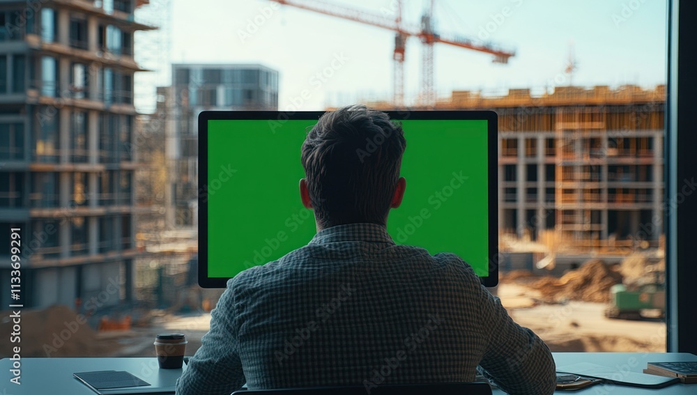 Poster man sits at desk, back to camera, viewing green screen computer; construction site view from window.