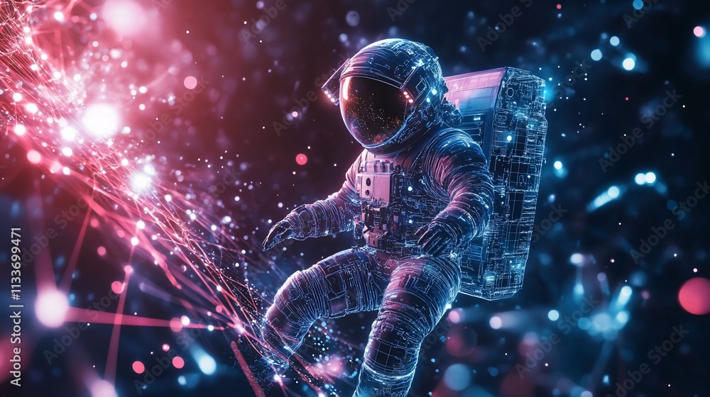 Aufkleber astronaut floating in a cosmic environment with vibrant particles and connections.