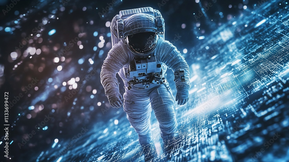 Poster astronaut navigating a digital landscape, symbolizing exploration and technology.