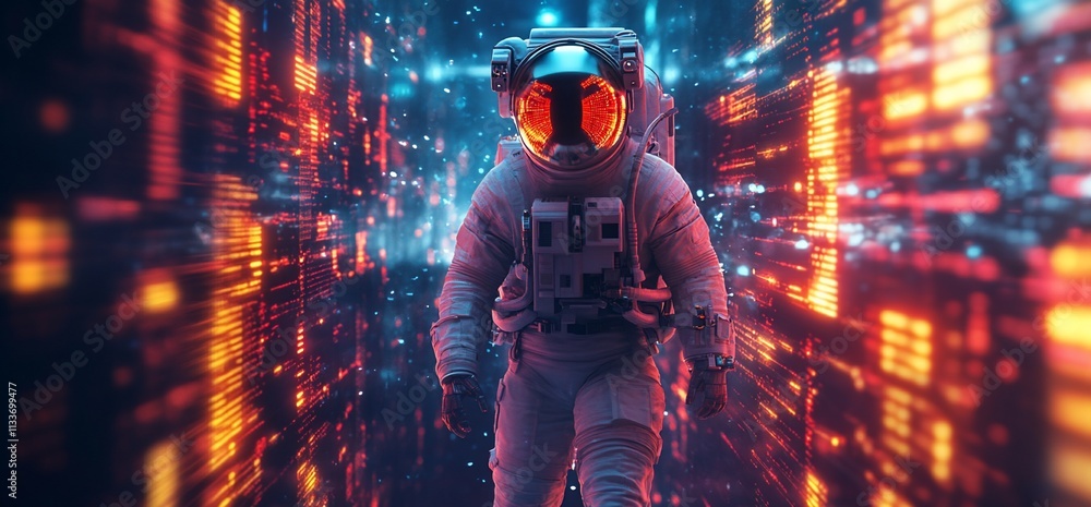 Poster astronaut navigating a digital landscape of vibrant lights and data.