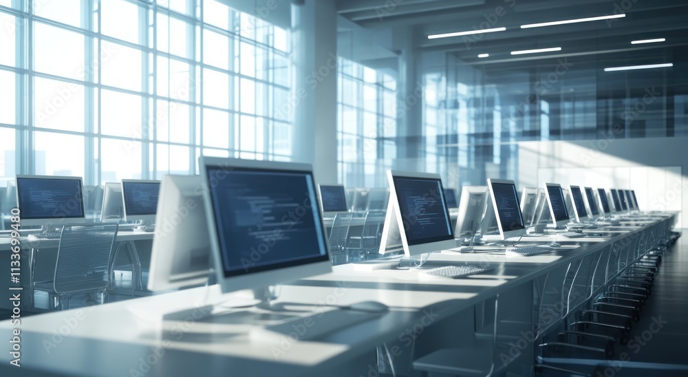 Aufkleber Modern computer lab with rows of computers displaying code.