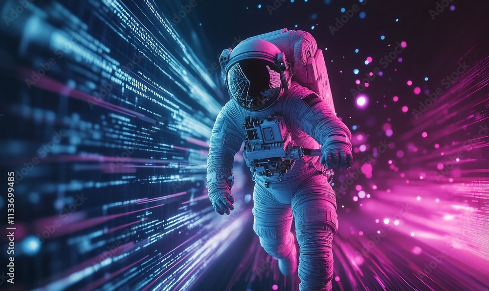 Poster Astronaut navigating through a vibrant digital space with dynamic light trails.