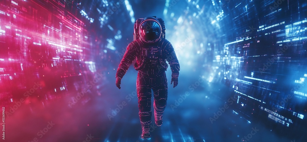 Poster Astronaut walking through a digital corridor of light and data.