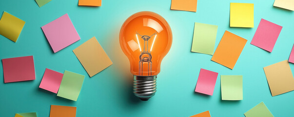 Professionals brainstorm content marketing tools. Ideas shine with innovative tech. Organized workspace displays creative ideas. Colorful sticky notes surround glowing lightbulb. Focus on efficiency,