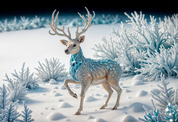 whimsical blue deer made of crystals playing in the ice forest, shiny and delicate pearls - generated by ai