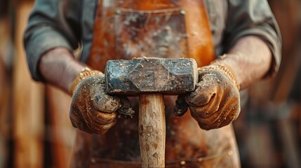 Close-up of a blacksmith holding a heavy hammer.