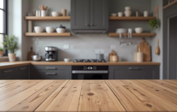 A wooden table top on a blurred background of a kitchen counter (room).