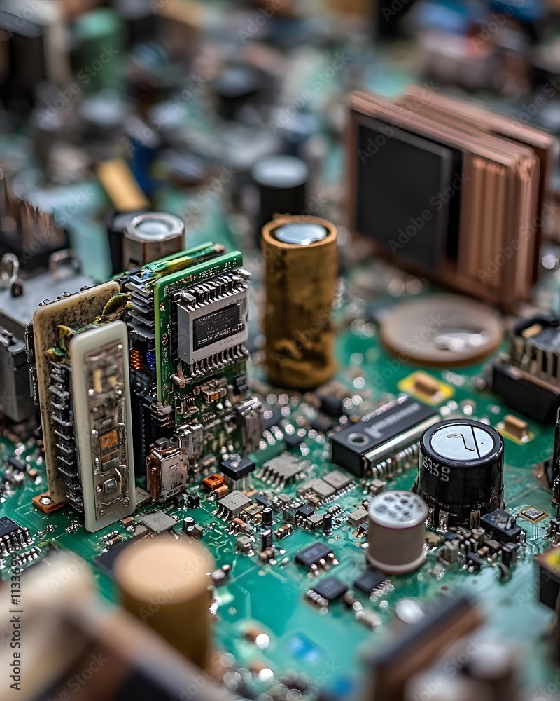 Poster close-up of a complex circuit board with various electronic components.