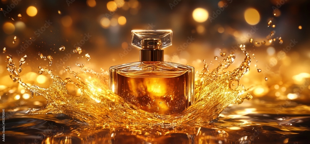 Poster elegant perfume bottle splashing in golden liquid, creating a luxurious vibe.