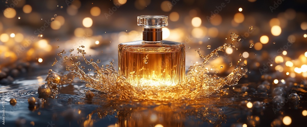 Poster elegant perfume bottle surrounded by splashes of water and shimmering lights.
