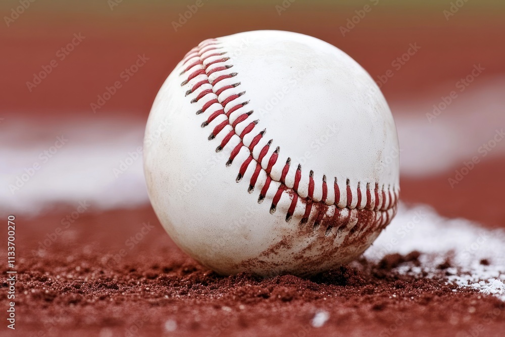 Poster close-up of a used baseball resting on the infield dirt near the first base line.