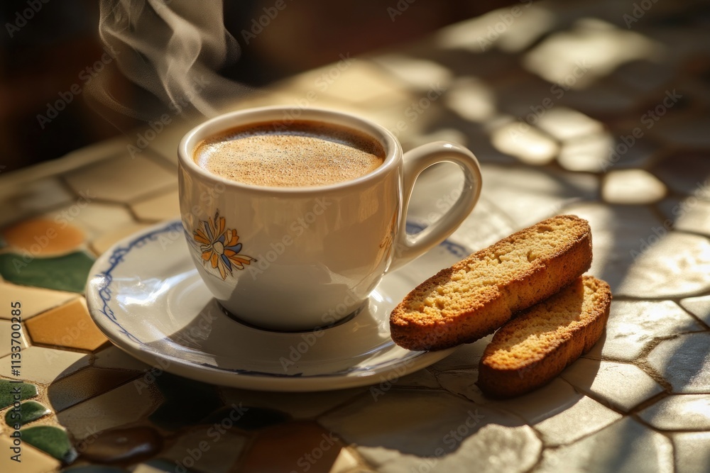 Poster Steaming espresso in a small cup with biscotti on a patterned table in sunlight.