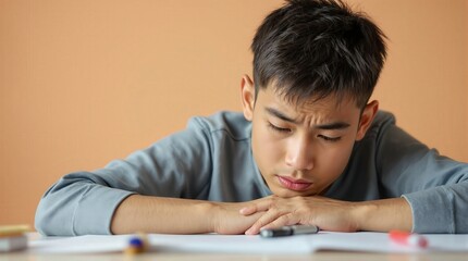 Serious boy leaning on desk, looking frustrated, surrounded by books, reflecting study challenges, ideal for academic campaigns.