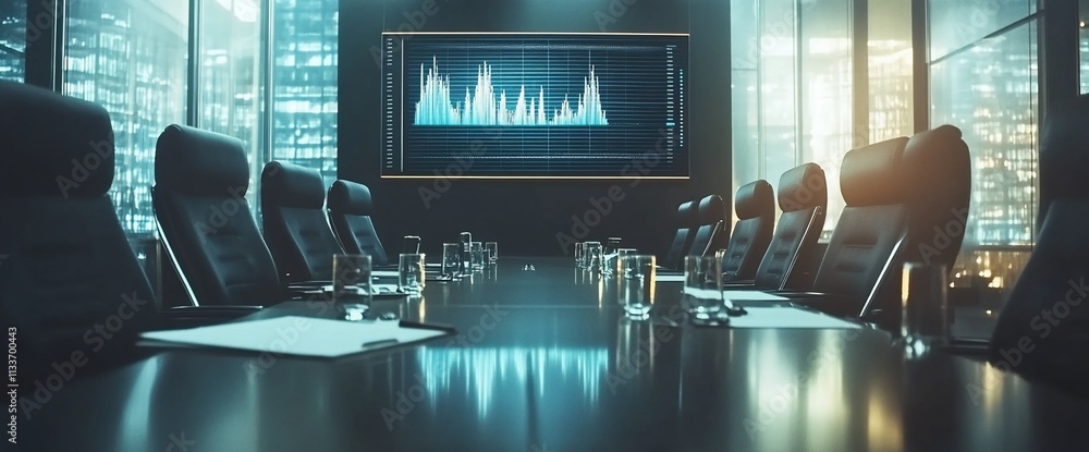 Poster Modern conference room with a data display and a long table setup.