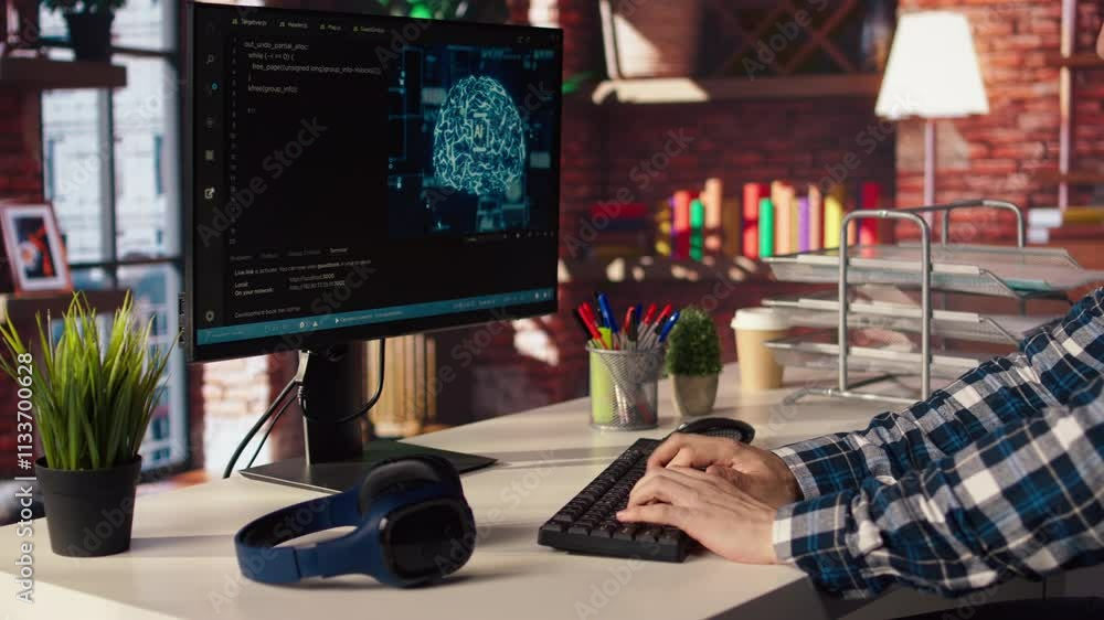 Aufkleber freelancing computer engineer doing maintenance on artificial intelligence systems, closeup. remote 