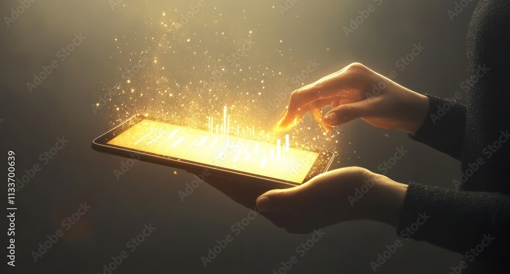 Poster hands using tablet displaying glowing financial charts.