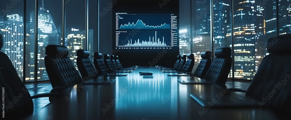 Poster modern conference room with a data display and city skyline view.