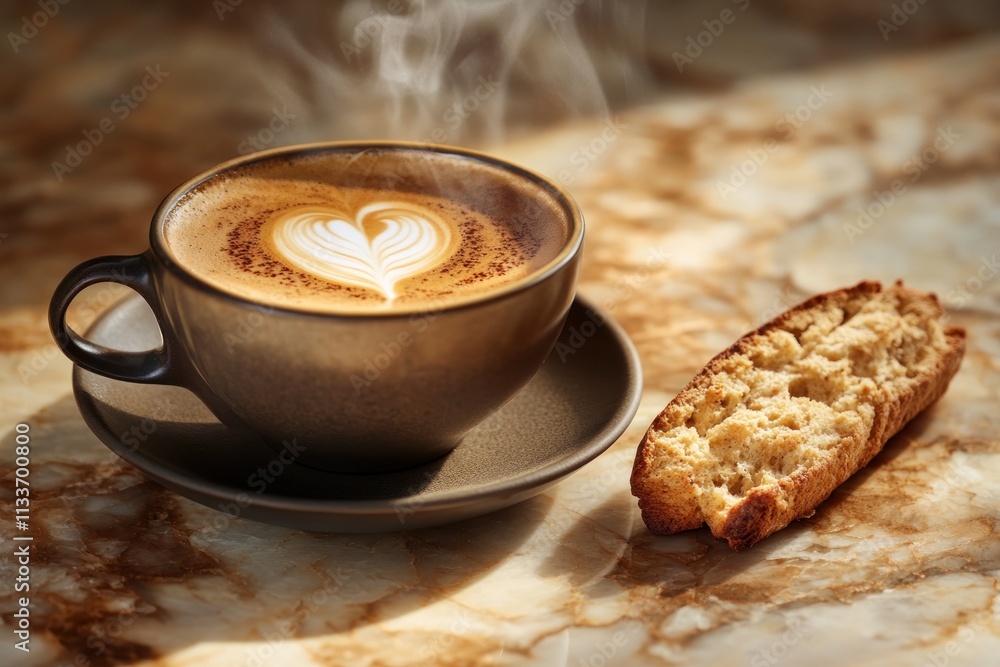 Aufkleber steaming cappuccino with latte art and biscotti on marble surface.