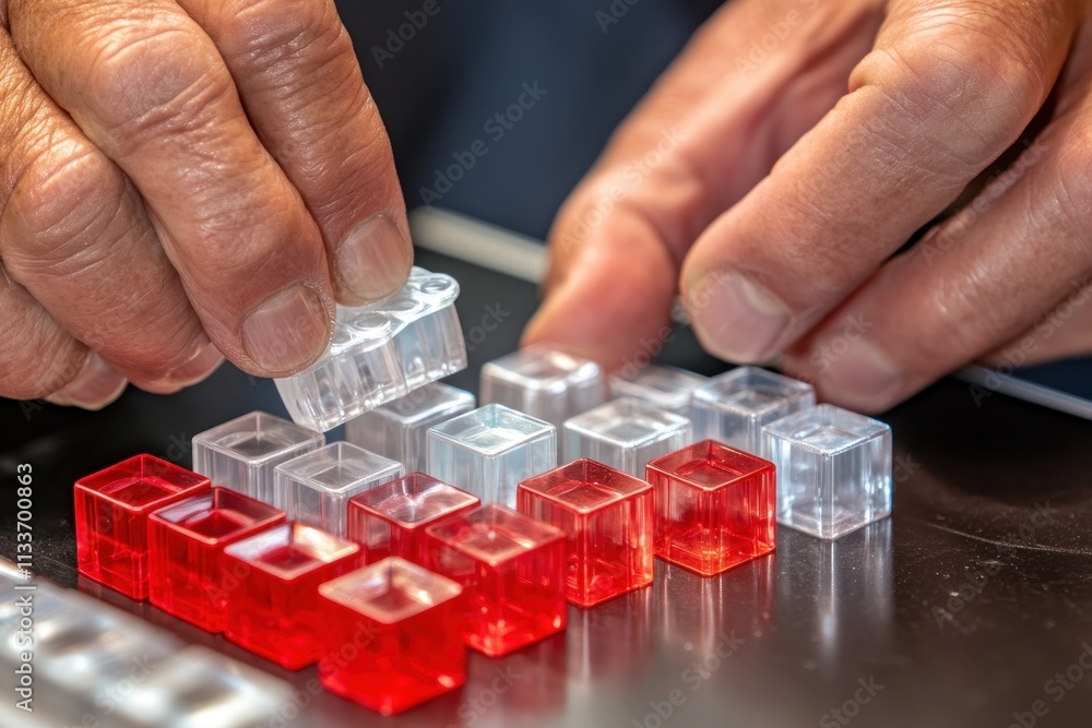 Aufkleber close-up of hands arranging translucent red and white cubes on a dark surface.