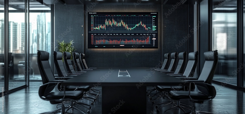 Poster modern conference room with a digital display of financial data.