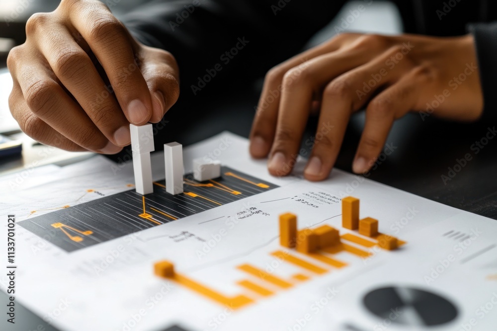 Poster close-up of hands arranging white and orange blocks on financial charts.