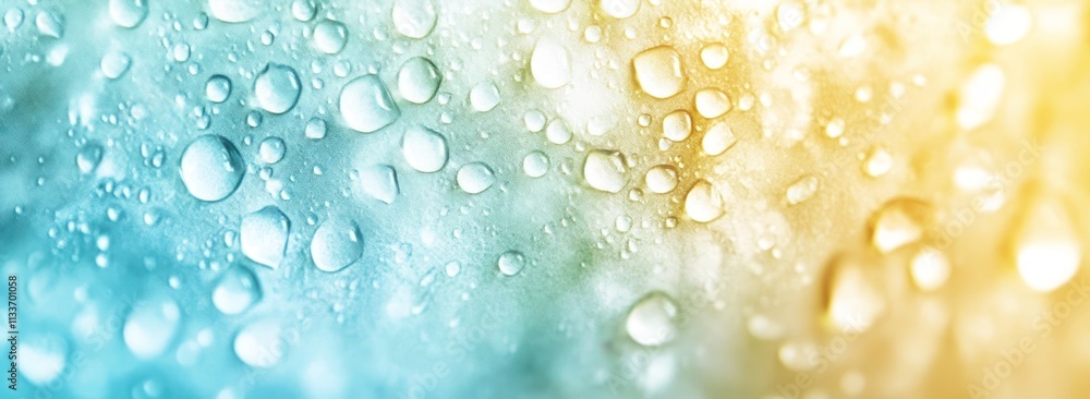 Poster abstract background of water droplets on a surface with blue and yellow gradient.