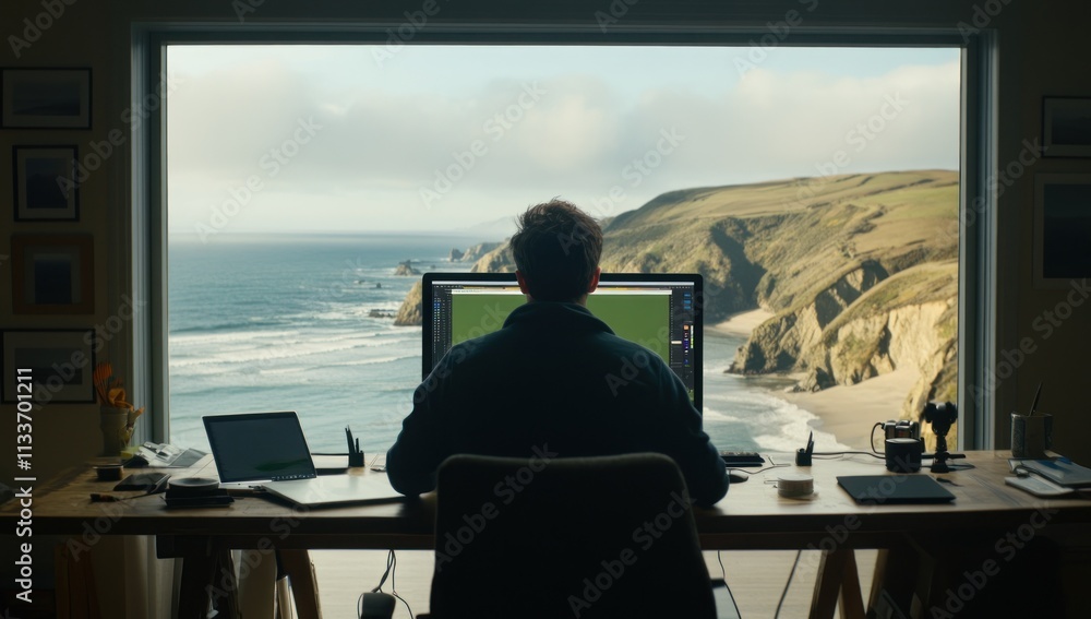 Aufkleber man working remotely at desk overlooking ocean view.