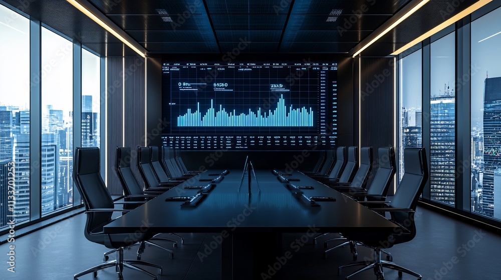 Poster Modern conference room with a large data display and city view.