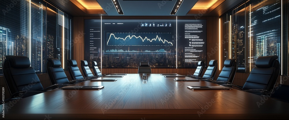 Poster Modern conference room with a large screen displaying data and graphs.
