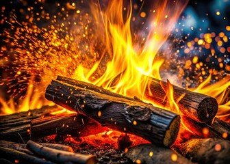 Close-up of glowing embers, fiery sparks dance against a dark night, radiating warmth and cozy texture.