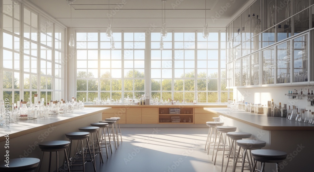 Poster sunlit laboratory with glassware, counters, stools, and large windows overlooking trees.