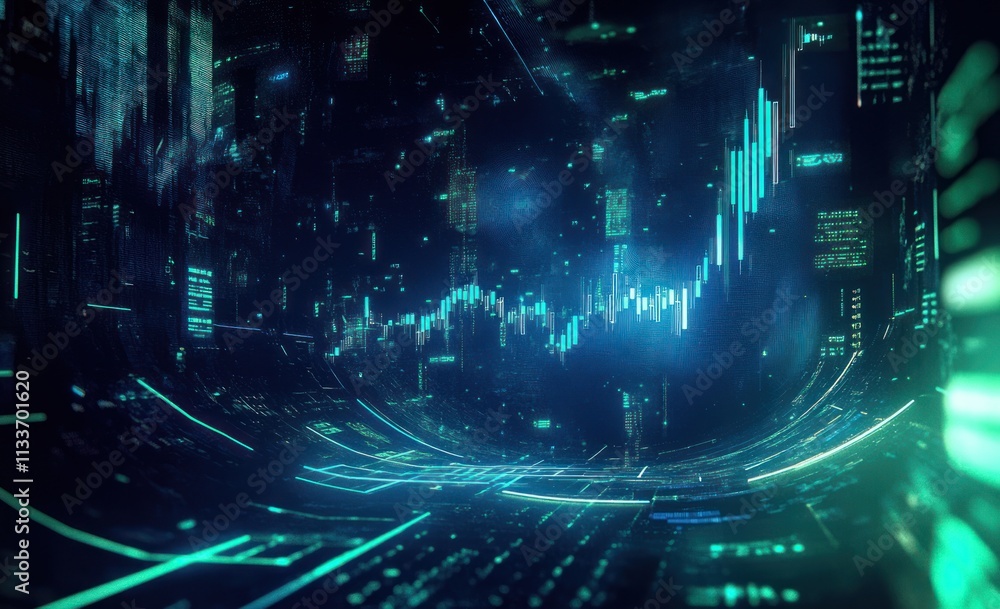 Aufkleber abstract futuristic cityscape with glowing teal data streams and stock market charts.