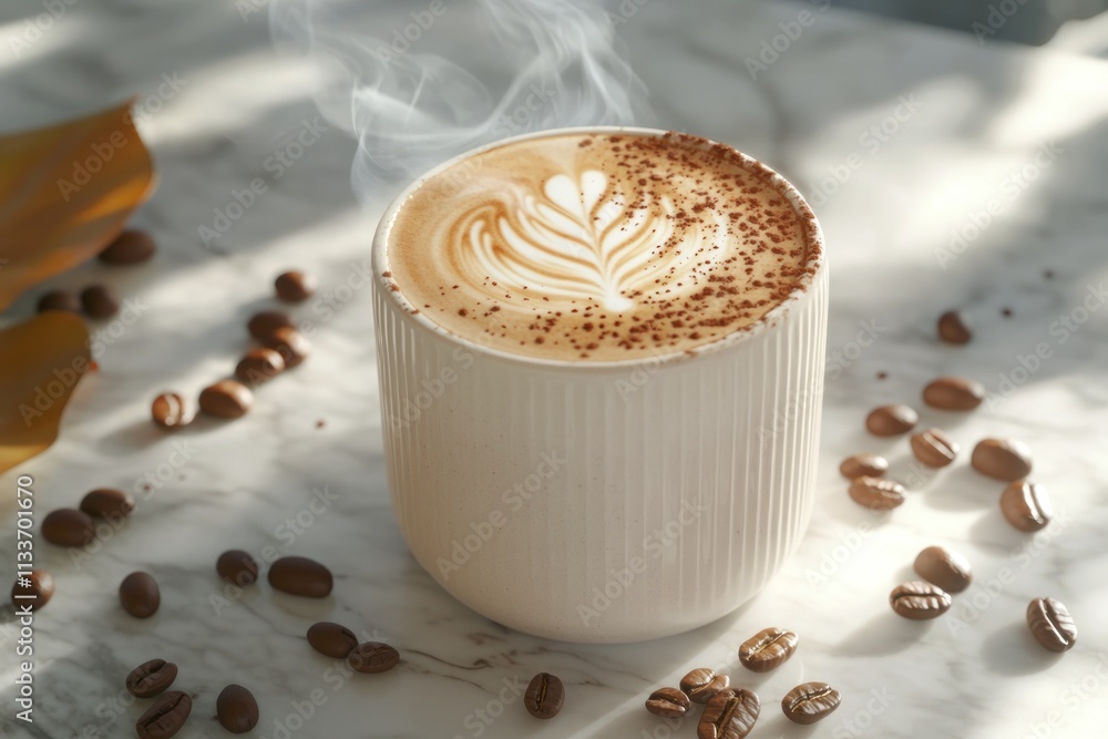 Poster steaming latte art in a white cup with coffee beans and autumn leaves on a marble surface.