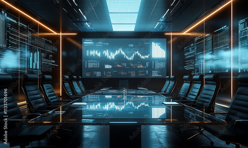 Poster modern conference room with advanced technology and data displays.
