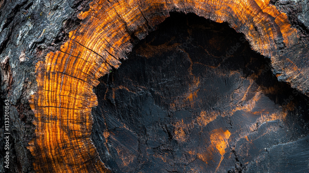 Poster unique texture and color patterns of a cross-section of a tree trunk with dark bark