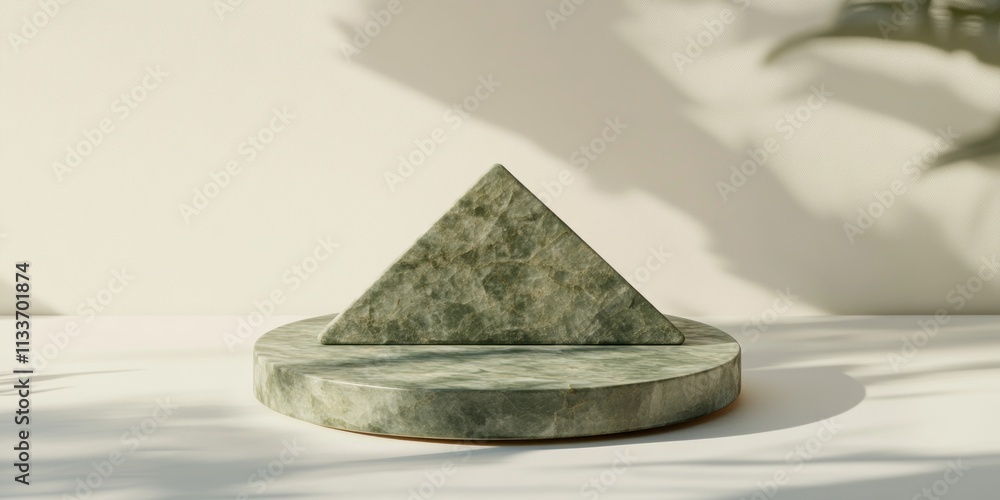 Poster green marble triangle on round base, minimalist display.