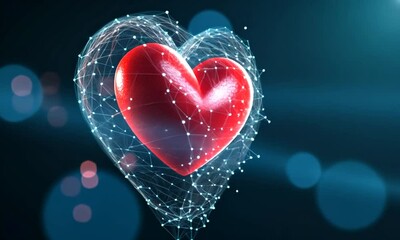 A digital heart composed of interconnected lines and nodes, symbolizing love and connection.