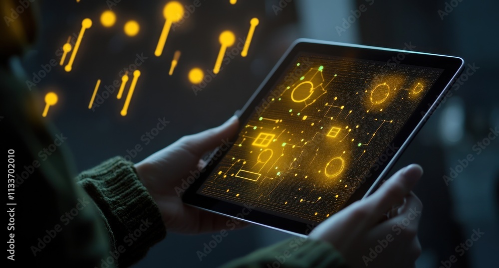 Poster person holding tablet displaying futuristic interface.