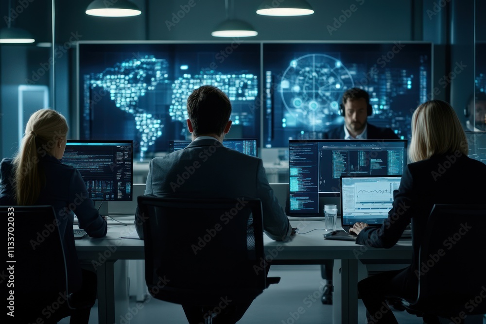 Poster team of it specialists working late at night in a modern office, monitoring global network activity 