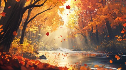 Fototapeta premium a river flowing through a dense forest in the peak of autumn