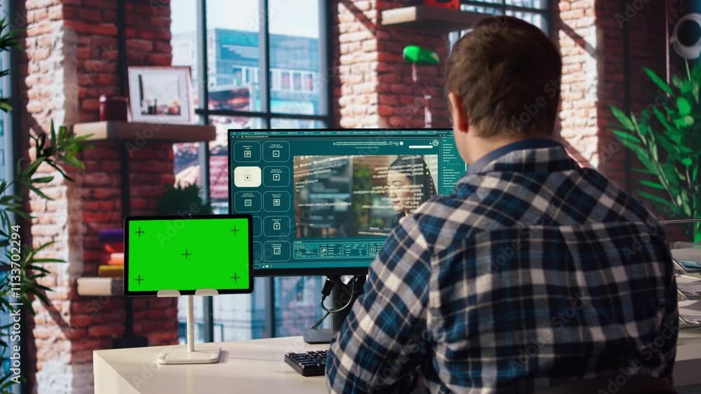 Poster man in home office uses ai program turning text prompt into videos next to isolated screen tablet. p