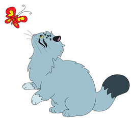 cute wild cat manul stands on its hind legs and wants to catch a flying butterfly nearby