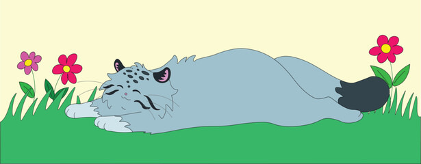 cute wild cat manul lies happily stretched out in summer on a green lawn among flowers