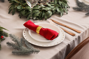 Beautiful table setting with Christmas decor. Closeup