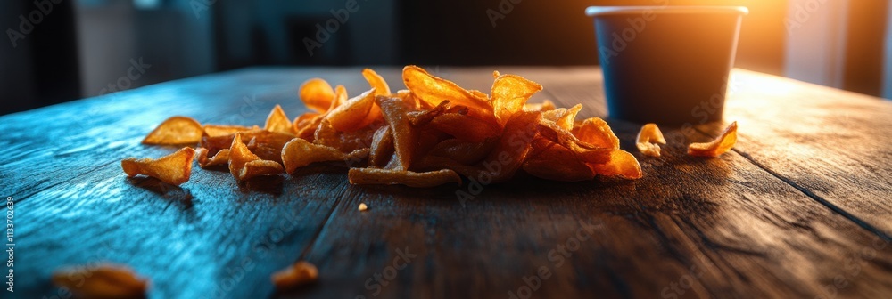 Poster a disposable cup filled with golden fries sits on a rustic wooden table, casting shadows as afternoo