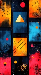 A vibrant abstract design featuring geometric shapes and colorful backgrounds.