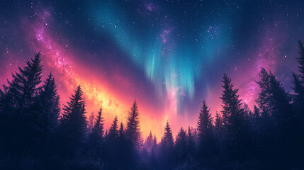 Fototapeta premium Magical Night Sky Aurora Borealis over Winter Forest