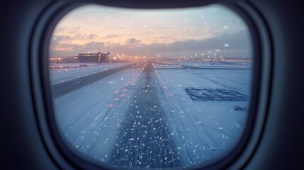 Fototapeta premium Snowy runway takeoff at airport aerial view winter travel scene urban environment concept of delayed flights